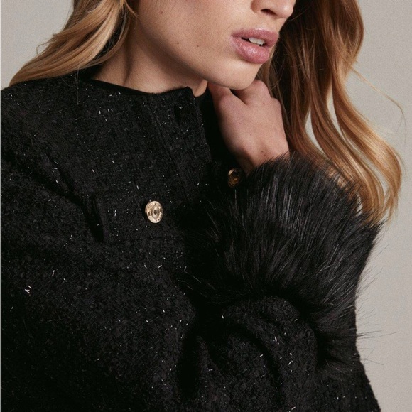 Karen Millen Set Sparkle Tweed DressAnd Faux Fur Cuff Jacket Sz 8 US - Picture 11 of 11